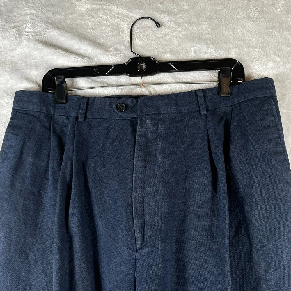 VTG Eddie Bauer Mens 36 Tall Linen Pleated Pants Navy Blue USA Suspender Buttons